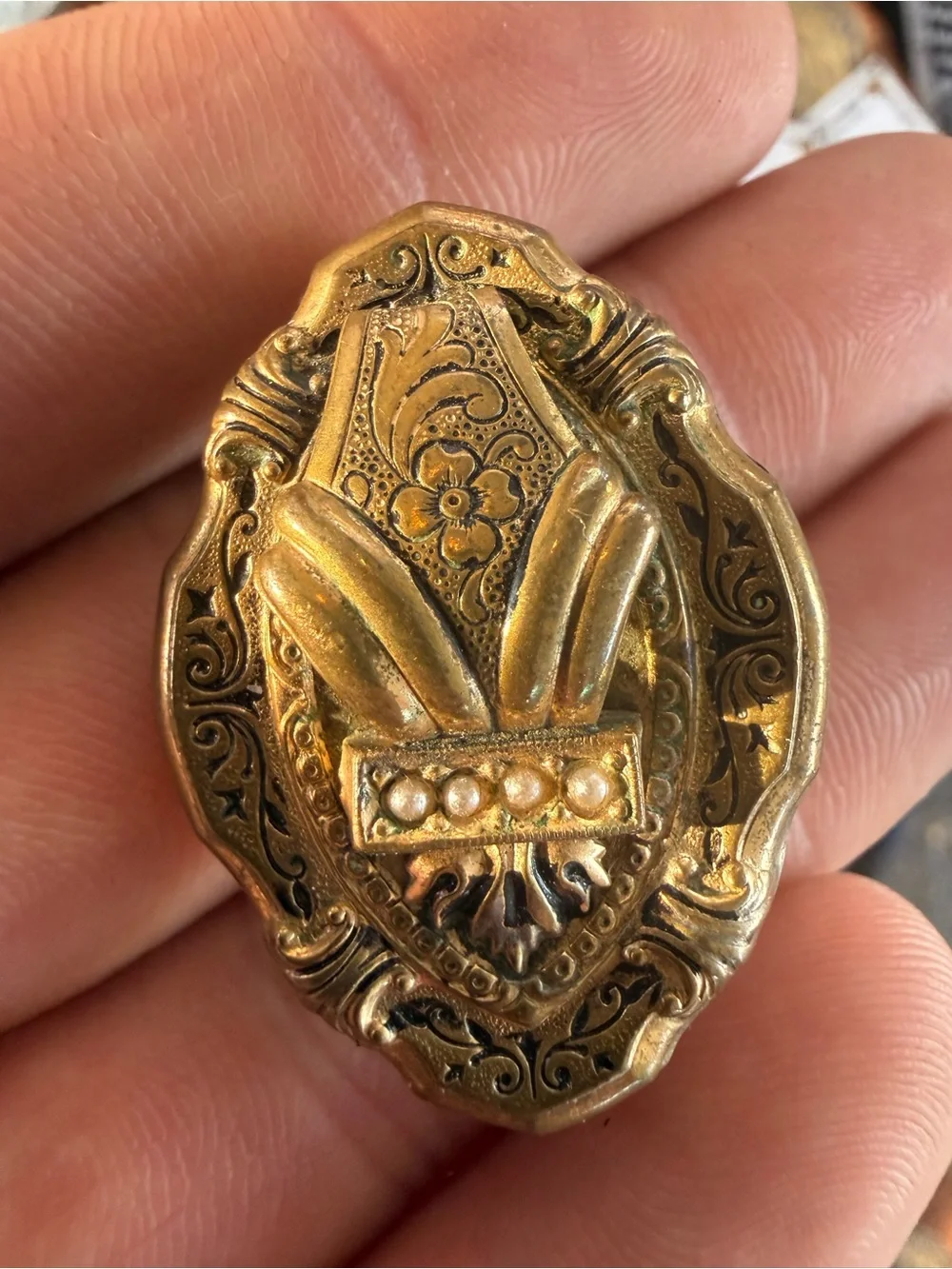 Antique Victorian Ornate Brooch in Gold Tone with Seed Pearls